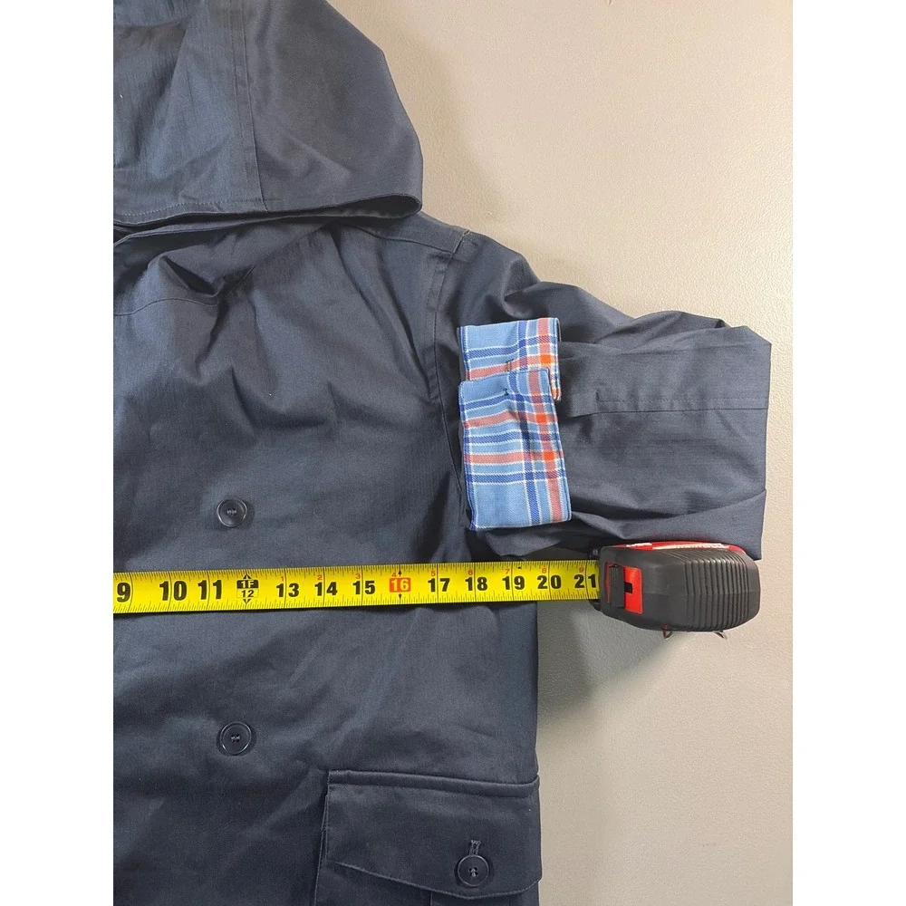 WE-AR4 Hooded Utility Jacket Womens XS Navy Blue Plaid Cuffs Double Breasted NWT - Picture 6 of 10